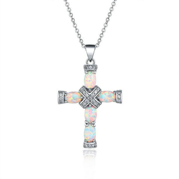 Fashion heart Cross White Fire Opal Black Gold Plated Pendant Necklace Jewelry Fashion heart Cross White Fire Opal Black Gold Plated Pendant Necklace Jewelry
